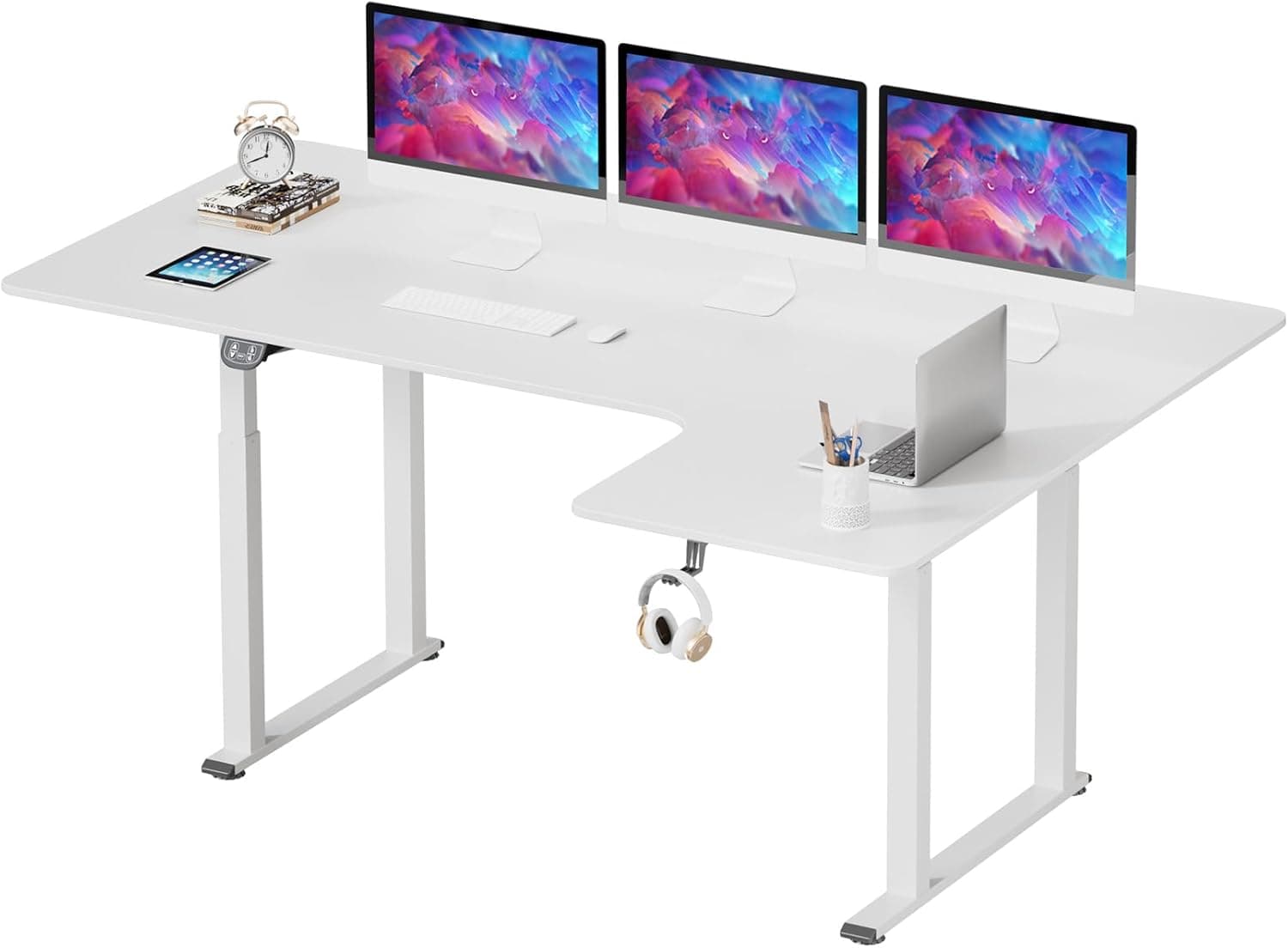 Dripex Escritorio Elevable Eléctrico 180x110cm, Mesa Escritorio Forma L, Standing Desk con 4 Patas, Escritorio Ajustable en Altura con Doble Moto, Tabla de Empalme, Blanco, fotografía 1