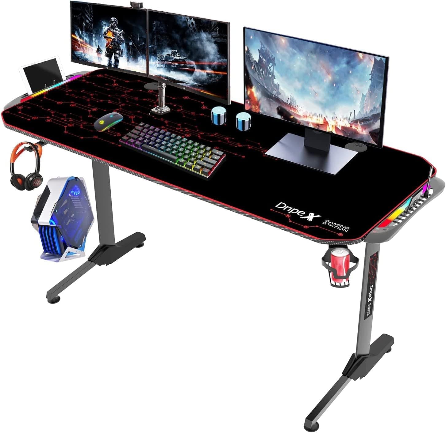 Dripex Mesa Gaming LED 140cm, Escritorio Gaming de Fibra de Carbono, Gaming Desk con Portavasos de Almohadilla de Ratón y Gancho para Auriculares, Negro, fotografía 1