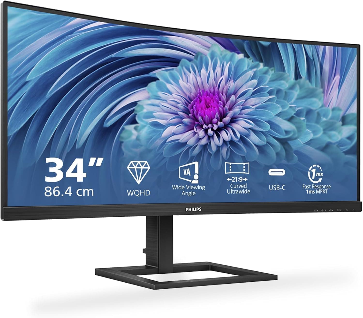 PHILIPS Monitors 346E2CUAE/00-34" Curved 1500R, WQHD, 100Hz, 1ms, VA, Adaptive Sync (3440x1440, 300cd/m, 2xHDMI, DisplayPort 1x1.2), Negro, fotografía 1